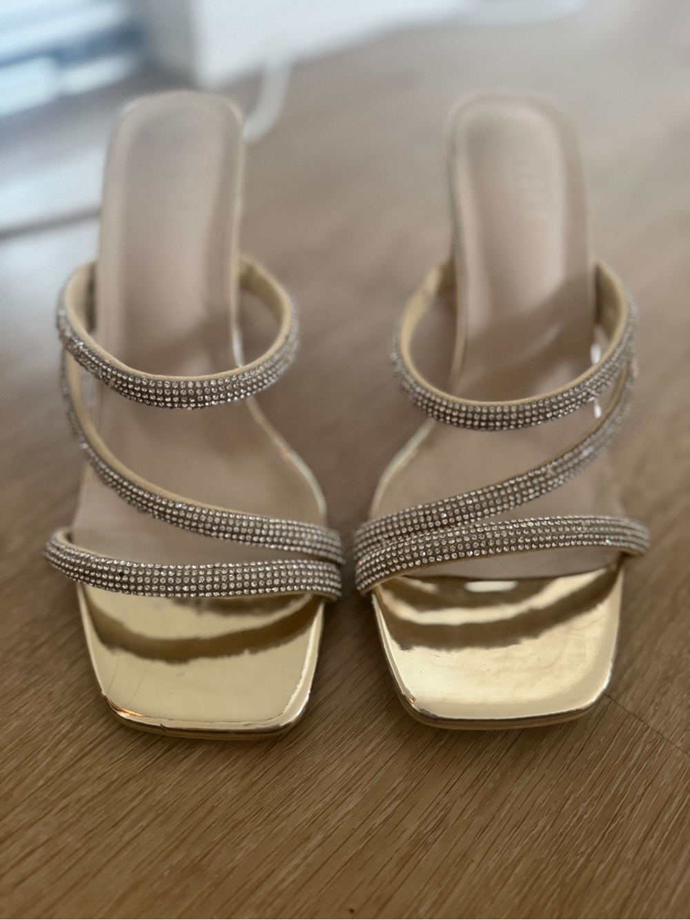 Gold Strappy Rhinestone Women’s Heeled Sandals
